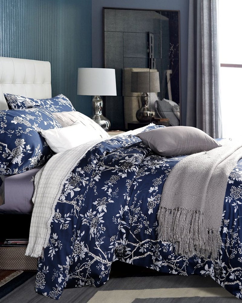 Eikei Eastern Floral Chinoiserie Blossom Print Duvet Quilt Cover Navy Blue Tan White Asian Style Botanical Tree Branches Ornamental Drawing 400TC Egyptian Cotton 3pc Bedding Set (King) - Image 5